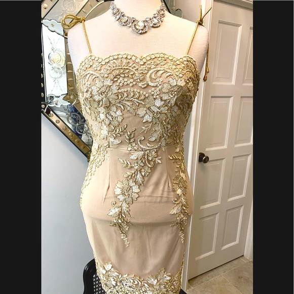 Here Comes The Sun Dresses & Skirts - Like New Here Comes The Sun Glittery Gold Thread Nude Sleek Fitted Dress 8